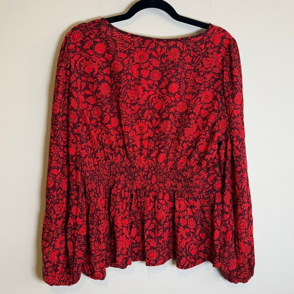 Knox Rose Women's XL Red Burgundy Floral VNeck Peplum Top Metallic Thread Blouse - Picture 2 of 7